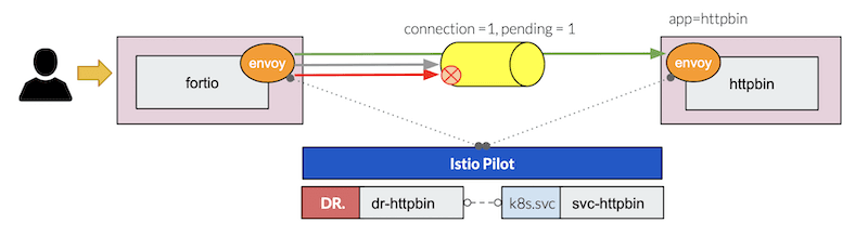 In the DestinationRule settings, you specified maxConnections: 1 and http1MaxPendingRequests: 1
